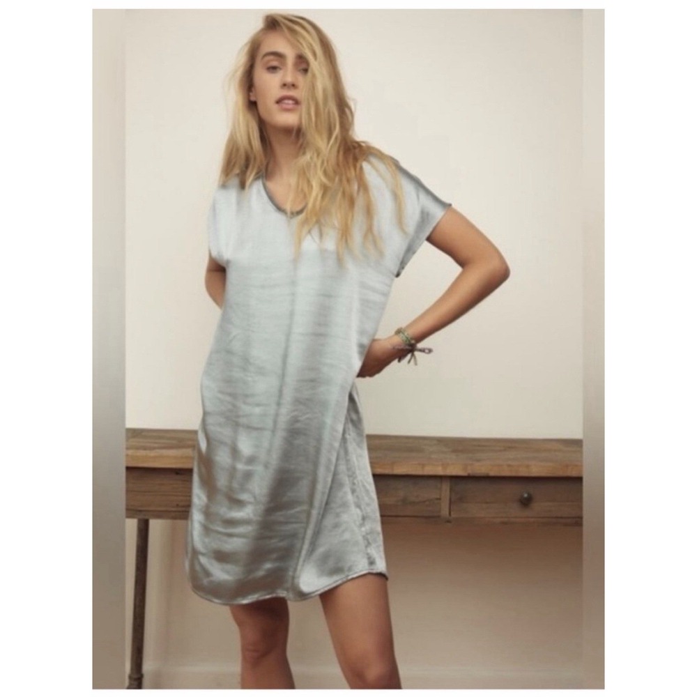Melissa Nepton Sz S Satin Shift Dress Fringe‎ Neckline Grunge Minimalist indie